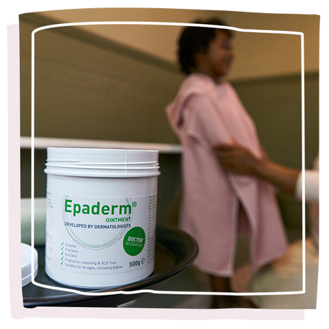 Epaderm Ointment in the foreground with young girl in pink towel in the background